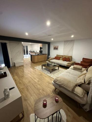 un grand salon avec un canapé et une table dans l'établissement Sublime maison de 2 étages avec cour, à Chilly-Mazarin