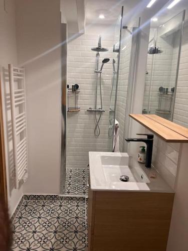 une salle de bain blanche avec une douche et un lavabo dans l'établissement chalet cosy - Vallée Verte, à Fillinges