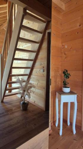 a staircase in a cabin with a table and a plant at Ökologisches Hideaway mit Sauna und großem Garten in Seßlach
