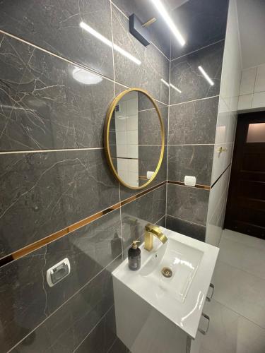 a bathroom with a sink and a mirror at Noclegi Rybacka in Jarosław