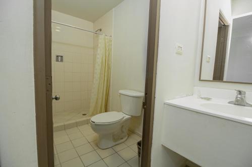 a bathroom with a toilet and a sink and a shower at Hotel Plaza del Arco Express in Monterrey