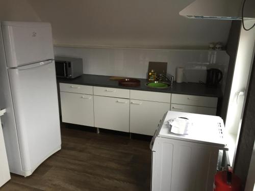 a kitchen with a white refrigerator and a counter at Hotel Bij Verhoeven in Zevenbergen