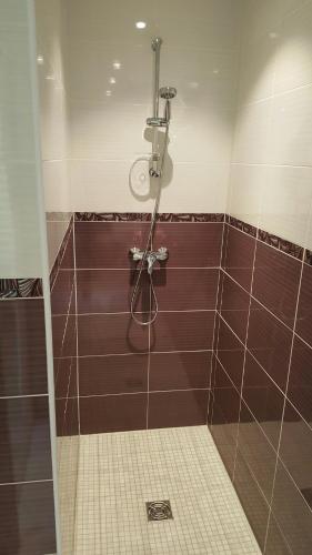 La salle de bains est pourvue d'une douche et de carrelage brun. dans l'établissement Hotel de la Gare, à Mézidon-Canon