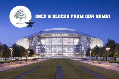 a rendering of a building with the words only blocks from our home at 4BR 2,5BA Holiday Home in the Heart of Cowboy Nation in Arlington