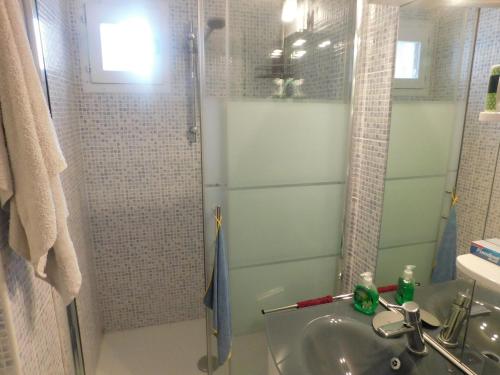 une salle de bain avec un lavabo et une douche avec un lavabo dans l'établissement les pieds dans l eau, à Le Castellas