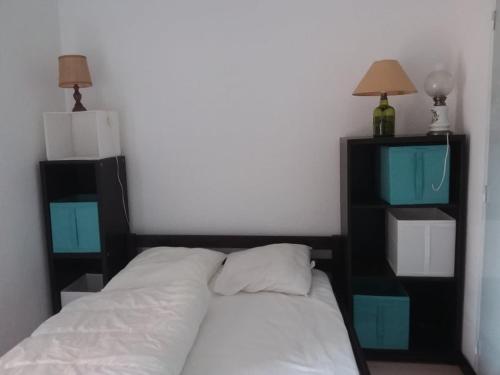 - une chambre avec un lit doté d'étagères bleues et noires dans l'établissement les pieds dans l eau, à Le Castellas