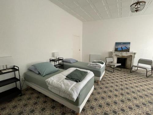 une chambre avec deux lits et une cheminée dans l'établissement La grande maison rose, à Peyriac-de-Mer