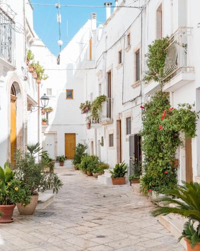 an alley in an old town with potted plants at Viale del Sole - le Dimore in Locorotondo