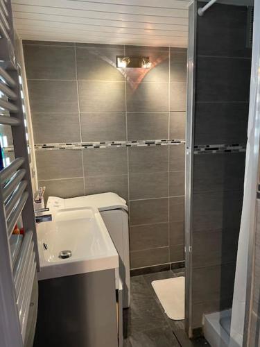 une petite salle de bain avec un lavabo et une douche dans l'établissement L'évasion du Barcarès, à Port-Leucate