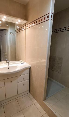 une salle de bain avec une douche, un lavabo et un miroir dans l'établissement Le Bel Azur, à Saint-Raphaël