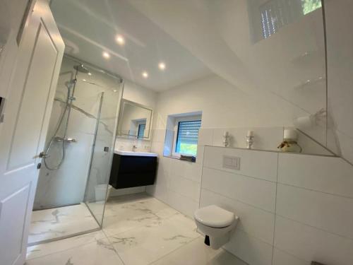a white bathroom with a shower and a toilet at Neubau Luxusanlage Gesamte Haus in Buckhorn