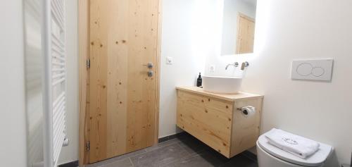 a bathroom with a toilet and a sink and a mirror at Yeti Lodge in Sedrun