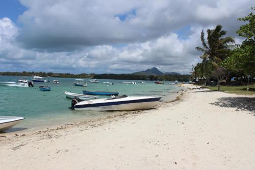 a group of boats sitting on the shore of a beach at SM Lodge in Trou dʼ Eau Douce