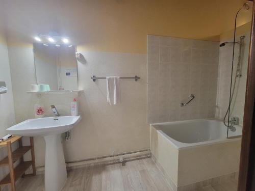 a bathroom with a sink and a tub and a shower at Aux gorges du Dourdou in Conques-en-Rouergue