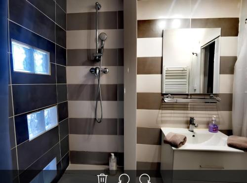 une salle de bain avec un lavabo et un miroir dans l'établissement Maison de village au bord de l'eau, à Saint-Bauzille-de-Putois