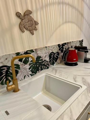 - un comptoir de cuisine avec évier et mixeur rouge dans l'établissement Cœur cannois avec terrasse, clim et jacuzzi, à Cannes