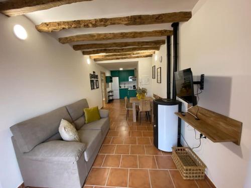 a living room with a couch and a tv in it at Apartament1 Ca la Maru amb jacuzzi comunitari in Sant Antolí i Vilanova