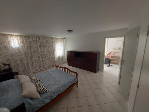 une chambre avec un lit et une télévision à écran plat dans l'établissement Appartement calme en rez de villa avec jardin, à Vence