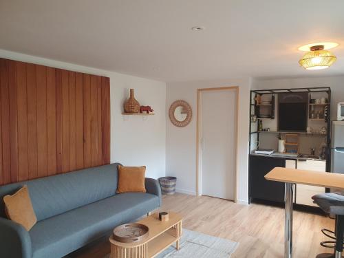 a living room with a blue couch and a table at Maison de la fontaine aux daims in Courbouzon