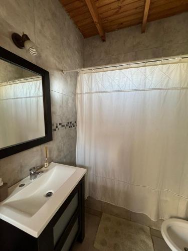 a bathroom with a sink and a shower curtain at Lo de Lili a pasos del Centro de Tandil in Tandil