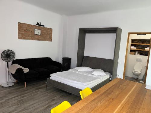 a bedroom with a bed and a couch and a table at Airport Green in Cluj-Napoca