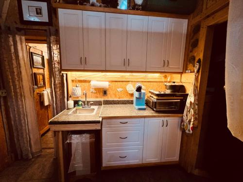 a small kitchen with white cabinets and a sink at Tiny House, WIFI,Hot tub,Secluded in Cosby