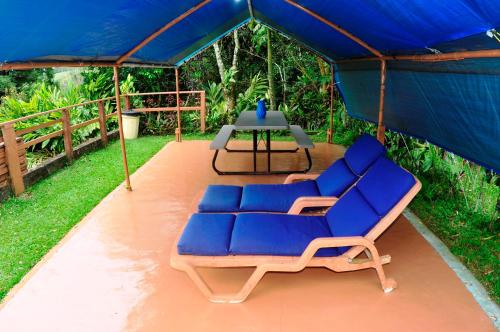 a blue chair and a table in a tent at Cabañas Ecobiosfera in Catemaco