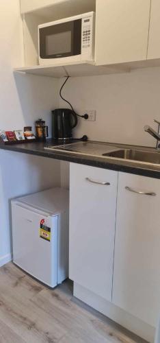 a kitchen with a stove and a microwave on a counter at Alpine Chalets in National Park