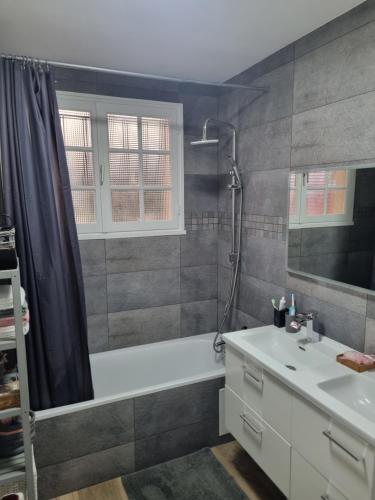 une salle de bain avec une baignoire, un lavabo et une douche dans l'établissement Chambre à louer, à Sainte-Geneviève-des-Bois