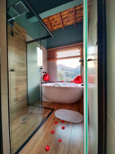 a bathroom with a bath tub and a window at Chalé Morro Grande in Paraisópolis