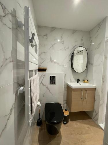 La salle de bains est pourvue de toilettes noires et d'un lavabo. dans l'établissement Léo - Cosy Studio entièrement rénové avec courette, à Vichy
