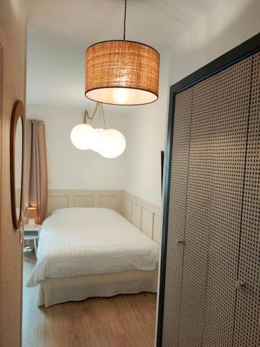 une chambre avec un lit et un lustre dans l'établissement Agréable studio avec balcon et parking, à Périgueux