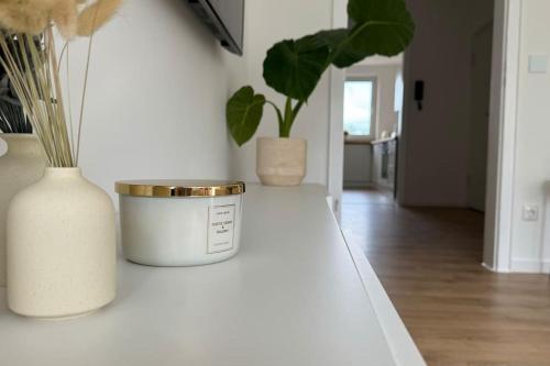 two white vases sitting on a counter with plants at Cozy apartment with balcony in Lehre