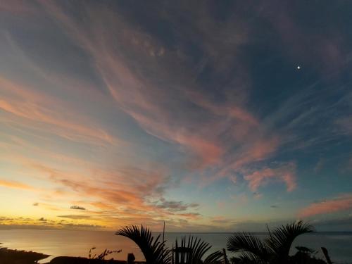 a cloudy sky at sunset with palm trees in the foreground at Oceanview Studio Allée Tamarin in Rodrigues Island