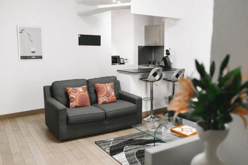 a living room with a couch and a kitchen at Le Cosy du Gal, à 2 Pas du Palais des Papes in Avignon