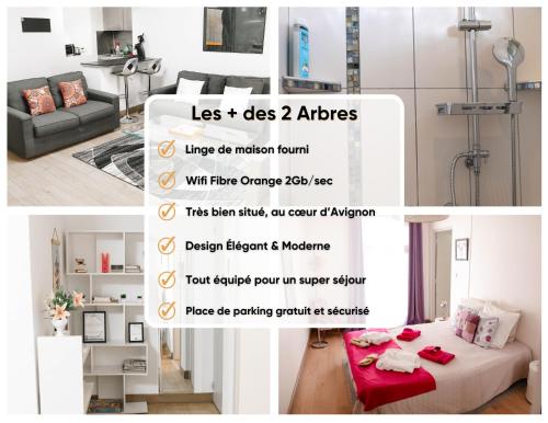 un ensemble d'images d'un salon avec un lit dans l'établissement Le Cosy du Gal, à 2 Pas du Palais des Papes parking gratuit securisé, à Avignon