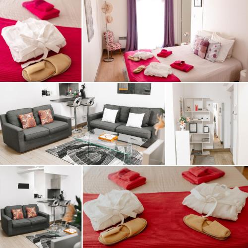 un collage de photos d'une chambre avec un lit dans l'établissement Le Cosy du Gal, à 2 Pas du Palais des Papes parking gratuit securisé, à Avignon