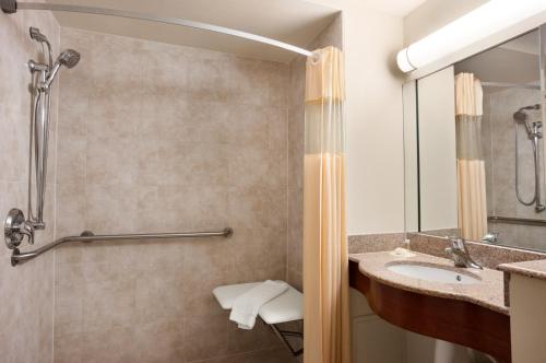 y baño con lavabo y ducha. en Days Inn by Wyndham Iselin / Woodbridge, en Iselin