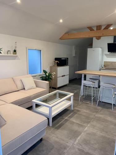 un salon avec un canapé et une table dans l'établissement Logement T2 indépendant 10 mn Angers, à Brain-sur-lʼAuthion