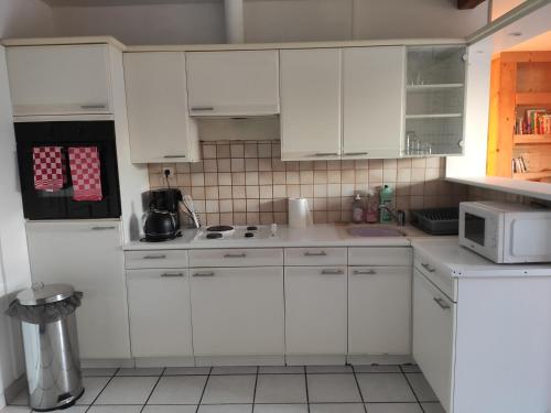 une cuisine blanche avec des armoires blanches et un micro-ondes dans l'établissement Gîte en bord de lac, à Saint-Gérons