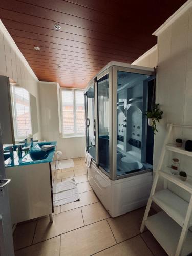 une grande salle de bain avec douche et lavabo dans l'établissement Jadore - Appartements meublés Mulhouse Ville, à Mulhouse