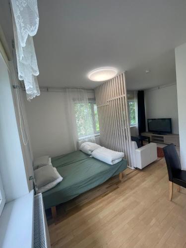 a bedroom with a green bed and a living room at Raasiku majutus in Raasiku