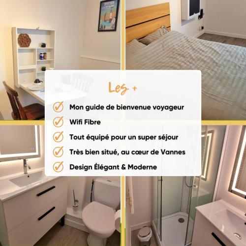 un collage de photos d'une salle de bains et d'une chambre dans l'établissement Studio Centre Historique, à Vannes