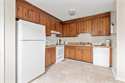 a kitchen with wooden cabinets and a white refrigerator at Prime Location 2 BR Oasis with Washer and Dryer in Spring Grove