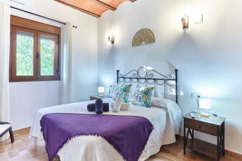 a bedroom with a large bed with a purple blanket at Alojamiento turístico Loma Alta in Cambil