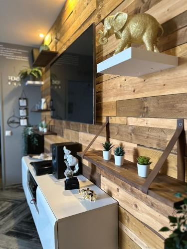 a kitchen with a counter with a tv on a wooden wall at Spirit Home in Klagenfurt