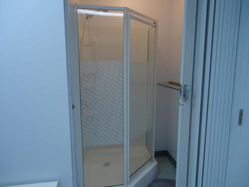 a bathroom with a shower stall and a walk in shower at Espace Globetrotter in Rimouski