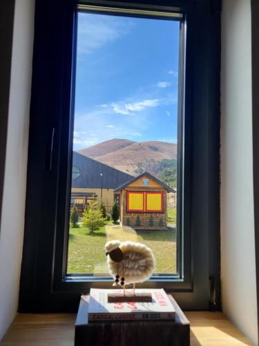 a stuffed animal sitting on a book in front of a window at HUUT in Zlatibor
