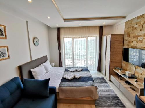 Una habitación con una cama, un sofá y un televisor. en Ski&Spa Milmari L17, en Kopaonik