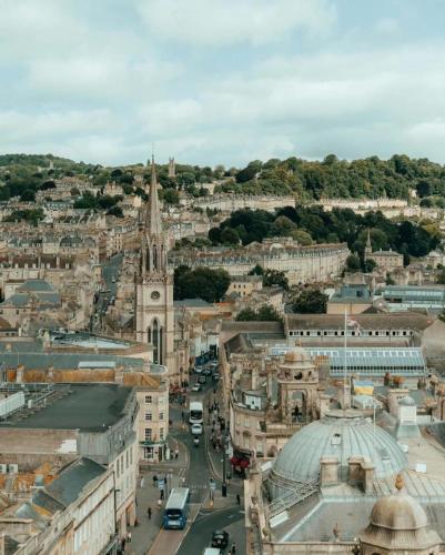 an aerial view of a city with a clock tower at The Cabin in Bradford on Avon